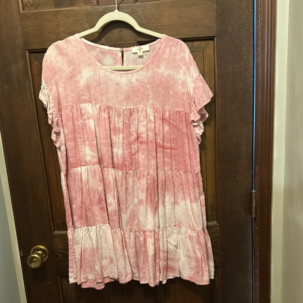 Pink Tie-Dye Ruffle Sleeve Dress by entro